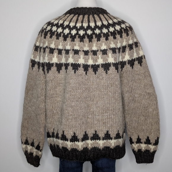Vintage Thorvaldsens Bazar Icelandic Tan Cream Brown Wool Sweater L - Picture 6 of 8
